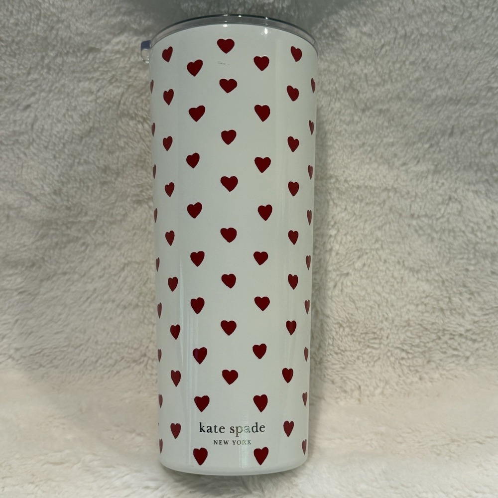 Kate Spade White with Red Mini Hearts 24 oz Travel Stainless Steel Tumbler READ
